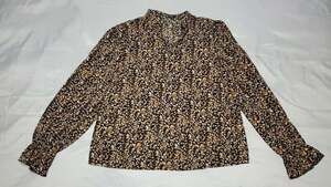 Skue Brown Abstract Floral Print Long Sleeve Blouse with Smocked Cuffs Size M
